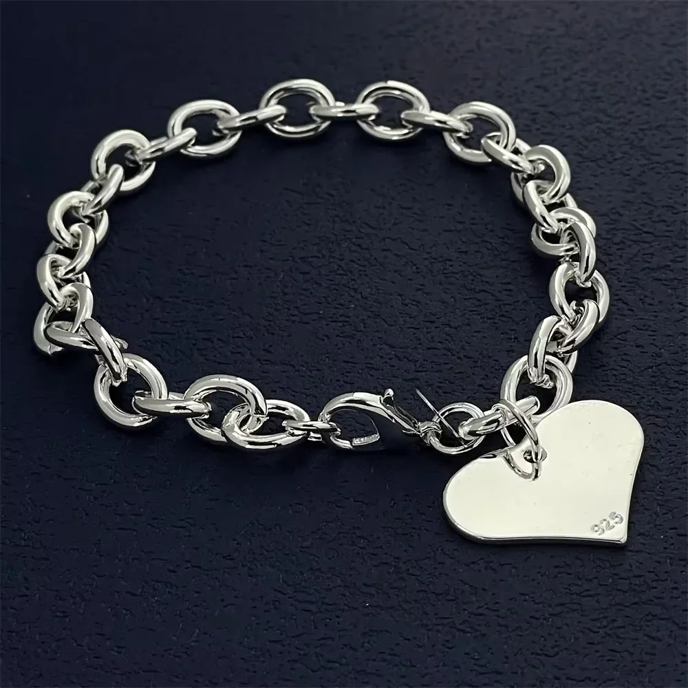 

925 Sterling Silver Heart-Shaped Pendant Bracelet, Simple Luxury Banquet Wedding Birthday Jewelry Gift For Women Couple