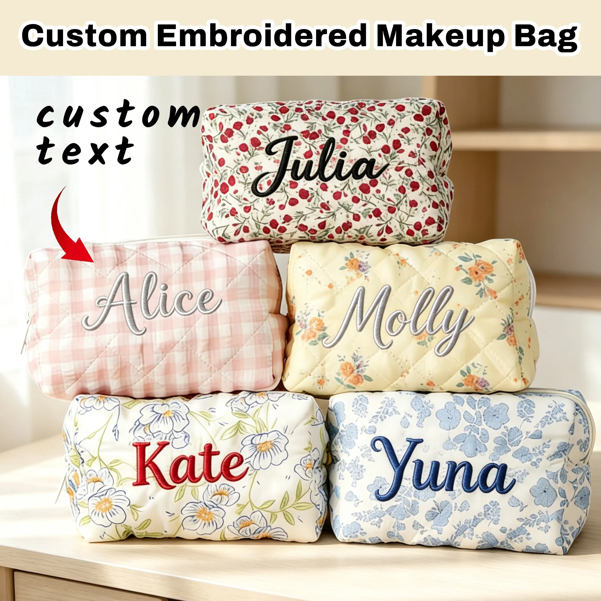 Personalized Floral Quilted Makeup Bag, Custom Embroidered Name Cosmetic Pouch, Cute Bow Floral Travel Storage Bag Portable