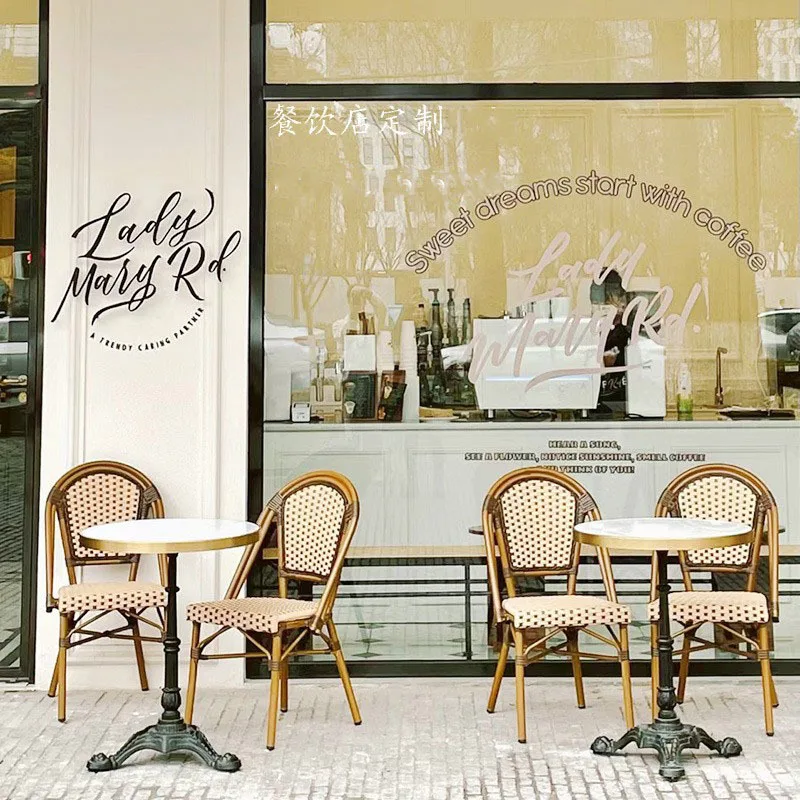 

Internet celebrity outdoor marble table and chair combination French coffee milk tea dessert shop rattan chair outdoor