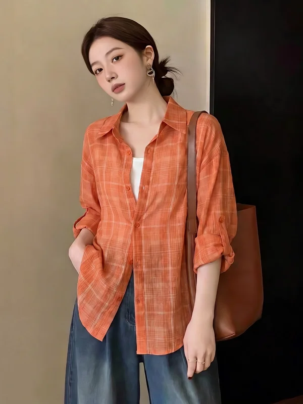 

Dopamine Orange Plaid Sun Protection Shirt Women's Thin Outerwear Spring Summer New Style plus Size Loose Fit Commute Style