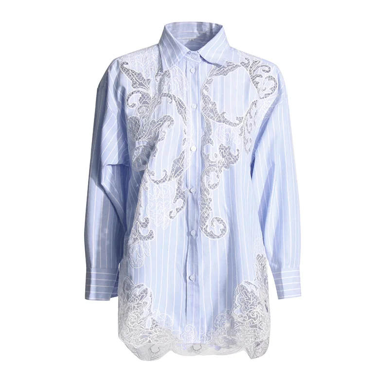 SuperAen korean Style Shirt 2024 Spring New lapel Collar Long Sleeve Lace Panel Personalized Versatile Shirt