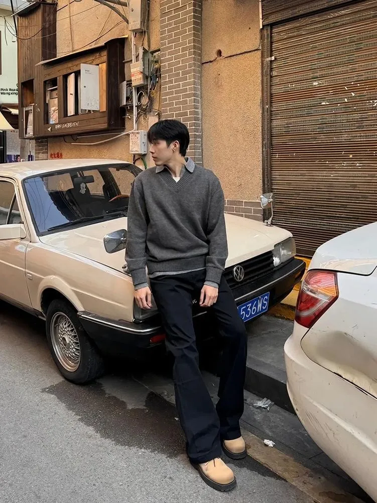 

Мужской свитер с V-образным вырезом в американском стиле, осенне-зимний, вязаный, для повседневной носки, для зрелых мужчин, устойчивый к износу