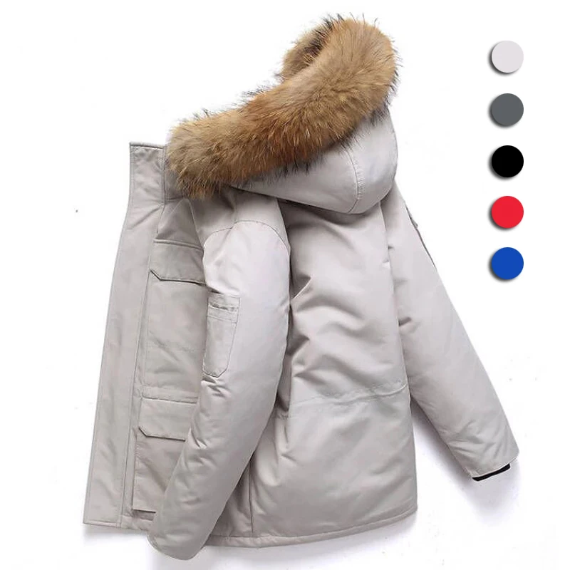 Fur Collar White Duck Down Winter Jacket Men Windproof Hooded Thicken Multi-pocket Down Coat Male Keep Warm -30 Degree Parkas