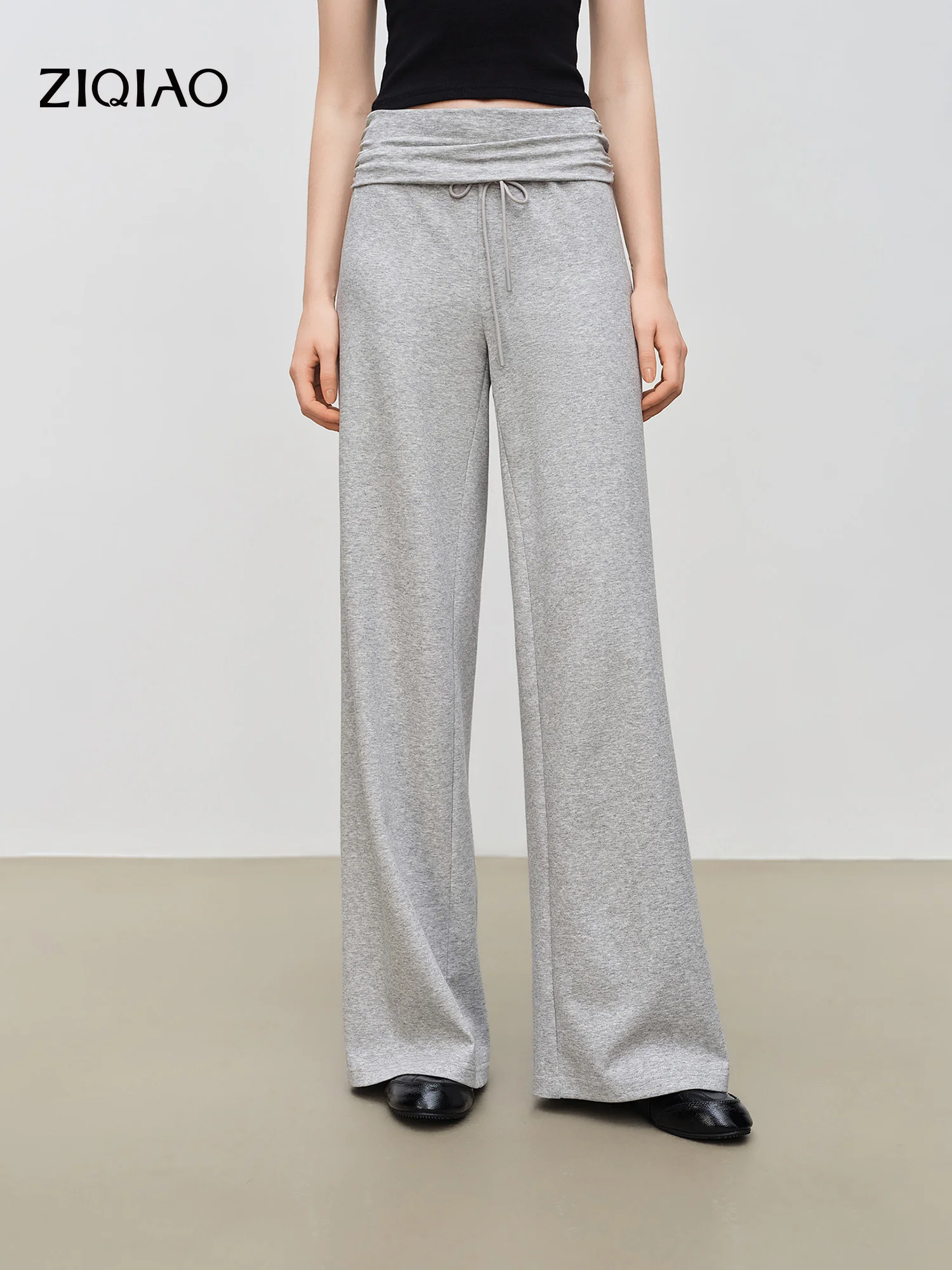 ZIQIAO Women's Stylish Drawstring Slim Knit Straight Leg Casual Pants New Summer 2026 Style Tapered Leg Trousers Gray Daily