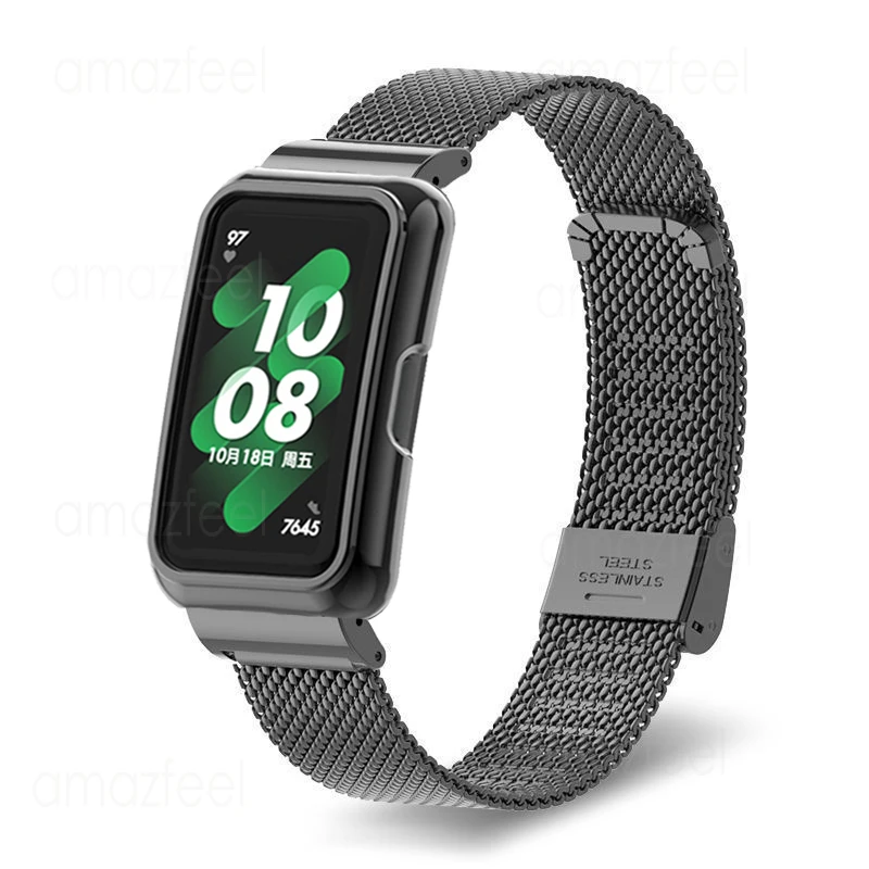 Pulseira de metal + protetor de capa para huawei band 9 8 7 6 pulseira de aço inoxidável para huawei band 7 6 capa protetora quadro escudo