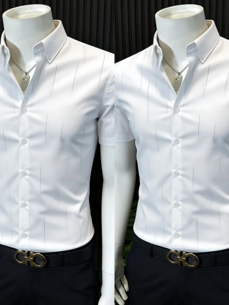 

High-End Men's Short-Sleeve Striped Shirt Summer Ice Silk Thin Quick-Drying Sun Protection Casual Business Style Breathable