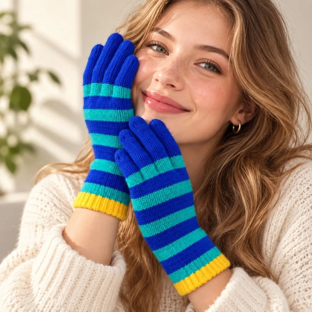 1 Pair Colorful Striped Knitted Gloves Touchable Screen Lengthened Full Fingered Gloves Thickened Warm Winter Women's Gloves
