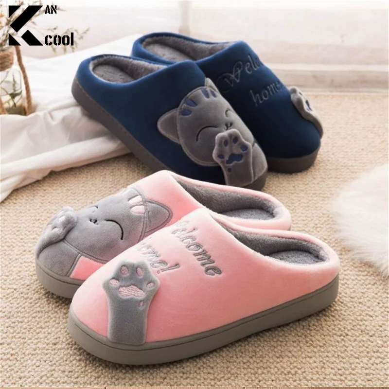 Hot Fluffy Fur Slippers Winter Cartoon Cat Pattern Womens Fur Slippers Cute Cartoon Warm Short Plush Couple Shoes Fleece Flats