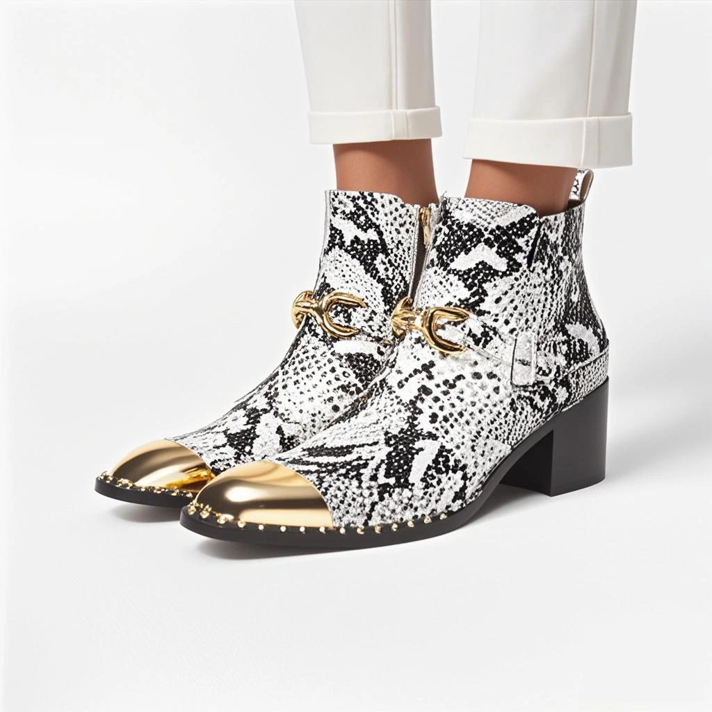 Designer Metall Karree Cowboy Motorrad Kurze Stiefel Männlich Große Größe Nieten Echtes Leder Stiefeletten Business Formale Schuhe – Detail 18
