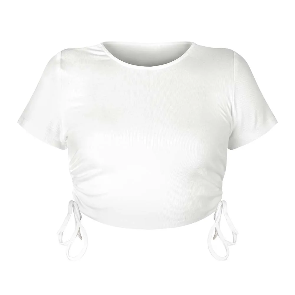 

Casual Outings Spring Fashion Exposed Navel Top Round Neck T-Shirt Exposed Navel Drawstring Top Club Navel Exposed
