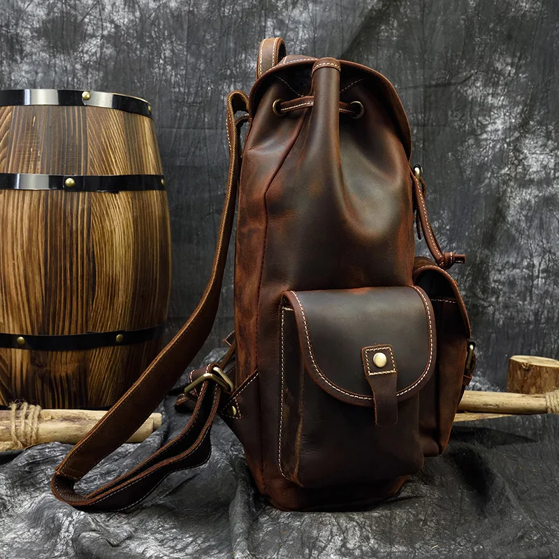 Vintage Crazy Horse Leather Mens Backpack Thick Genuine Leather Women Rucksack Big Capacity Travel Bag School Backpack