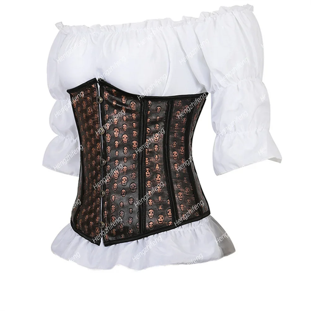 Woman Corset with Pirate Blouse Outfits Leather Corsets and Bustiers Overbust Steampunk Corselet with Skull Print Pirate Costume