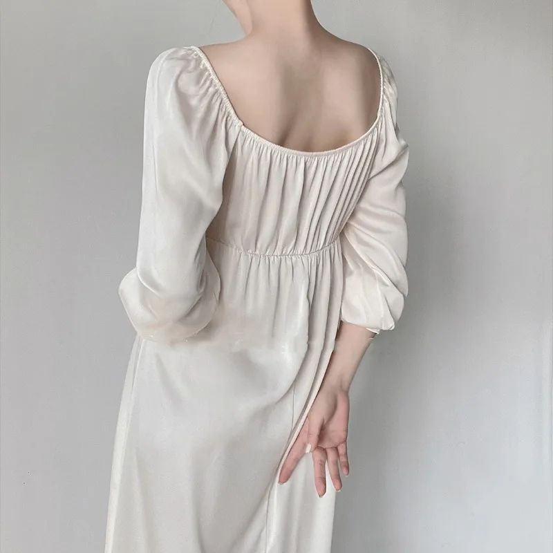 Spring Summer 2024 New Vintage Pajamas Women\'s Ice Silk Loungewear Long Sleeves Long Skirt V-neck Nightdress Court Style Skirt