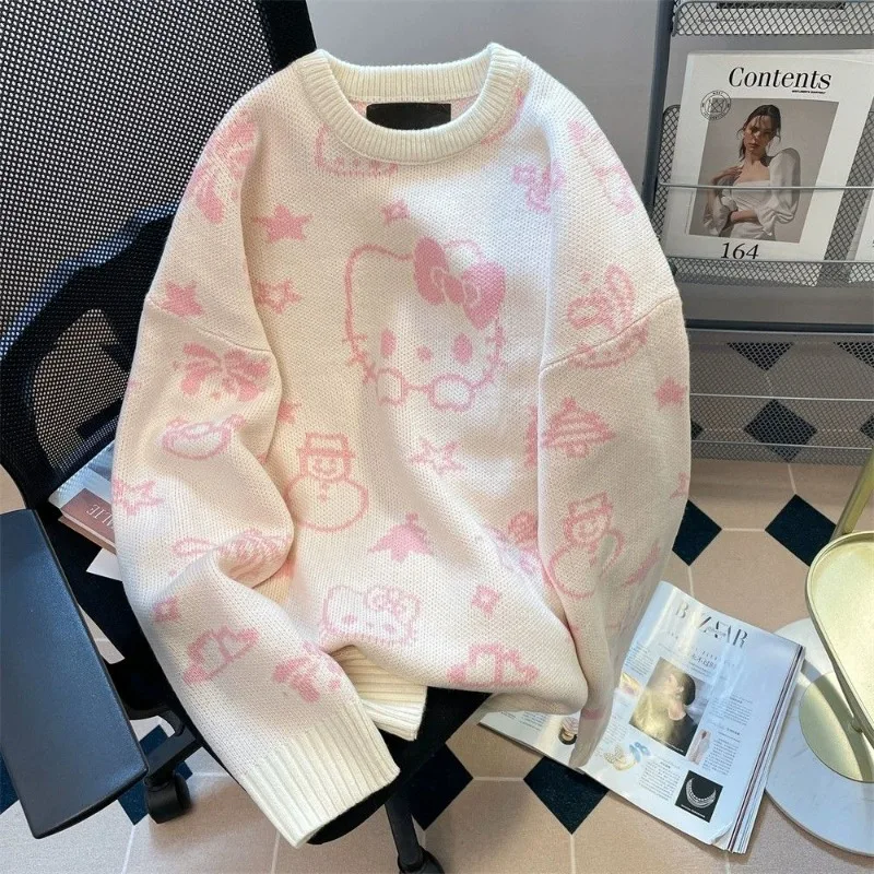 Maglione lavorato a maglia da donna con stampa Sanrio Hello Kitty Maglieria morbida e carina Stile coreano Y2k Dolce stile preppy Top Fondo autunnale