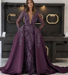 Elegant Purple Plunging Neck Evening Dress With Detachable Train 2023 Luxury Lace Beaded Women Wedding Party Gowns Plus Size