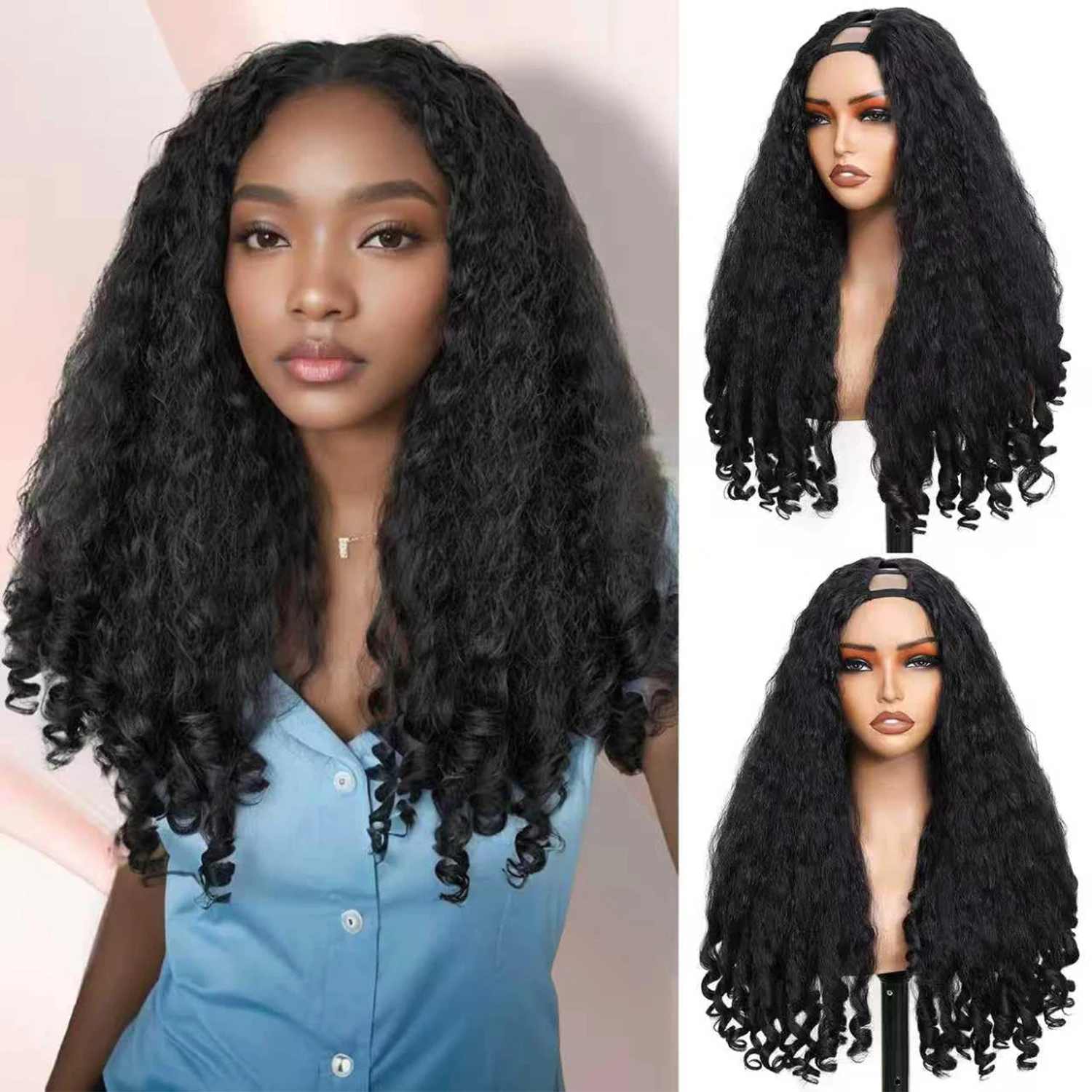New Afro Curly V Part Wig Synthetic Braided Hair with Unique Bouncy Curls in the End 24 Inch V Part Wigs Synthetic for Women