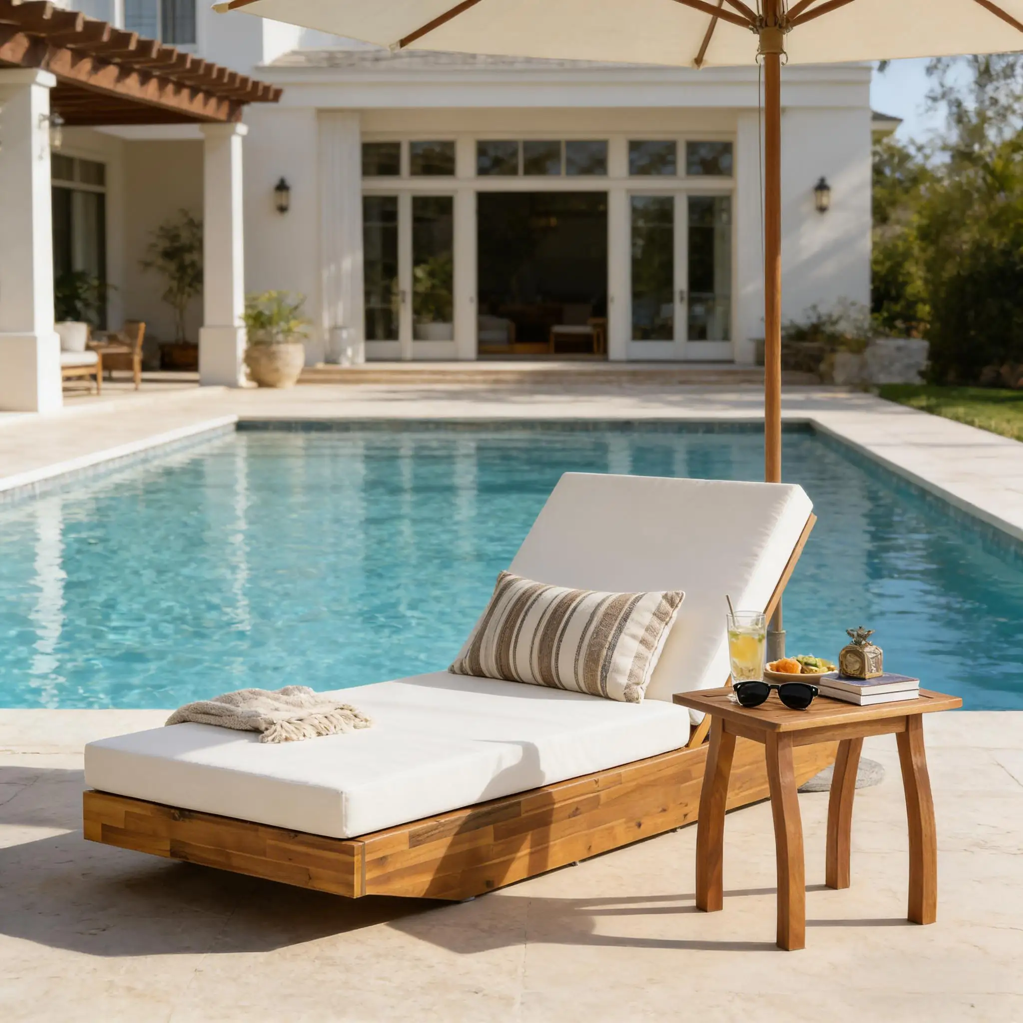 # Acacia Wood Modern Luxury Chaise Lounge Cushion Teak Finish Eco-Friendly Outdoor Recliner Cream Water-Repellent Pool Lounge