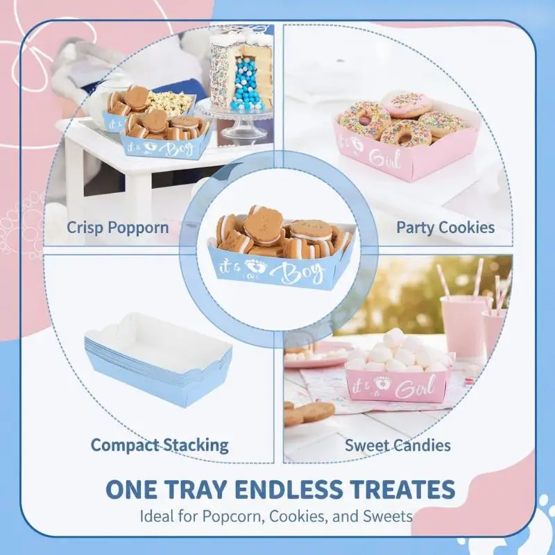 6/12Pcs Gender Reveal Paper Food Tray Candy Cookies Snack Holder Box Blue Pink Its A Boy Or Girl Decoration Supplies Baby Showe