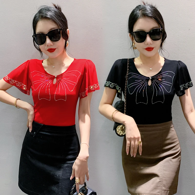 New 2024 Summer Short Sleeved Women\'s T-Shirt Fashion O-Neck Ruffles Hot Drilling Mesh Tops M-3XL Red Black Blusas Clothes