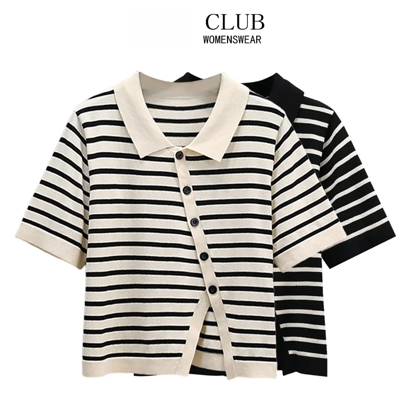 

plus Size Striped Knitted Short Sleeve T-Shirt Women Summer Fashion Asymmetrical plus Size Shirt Top for Pear Shaped