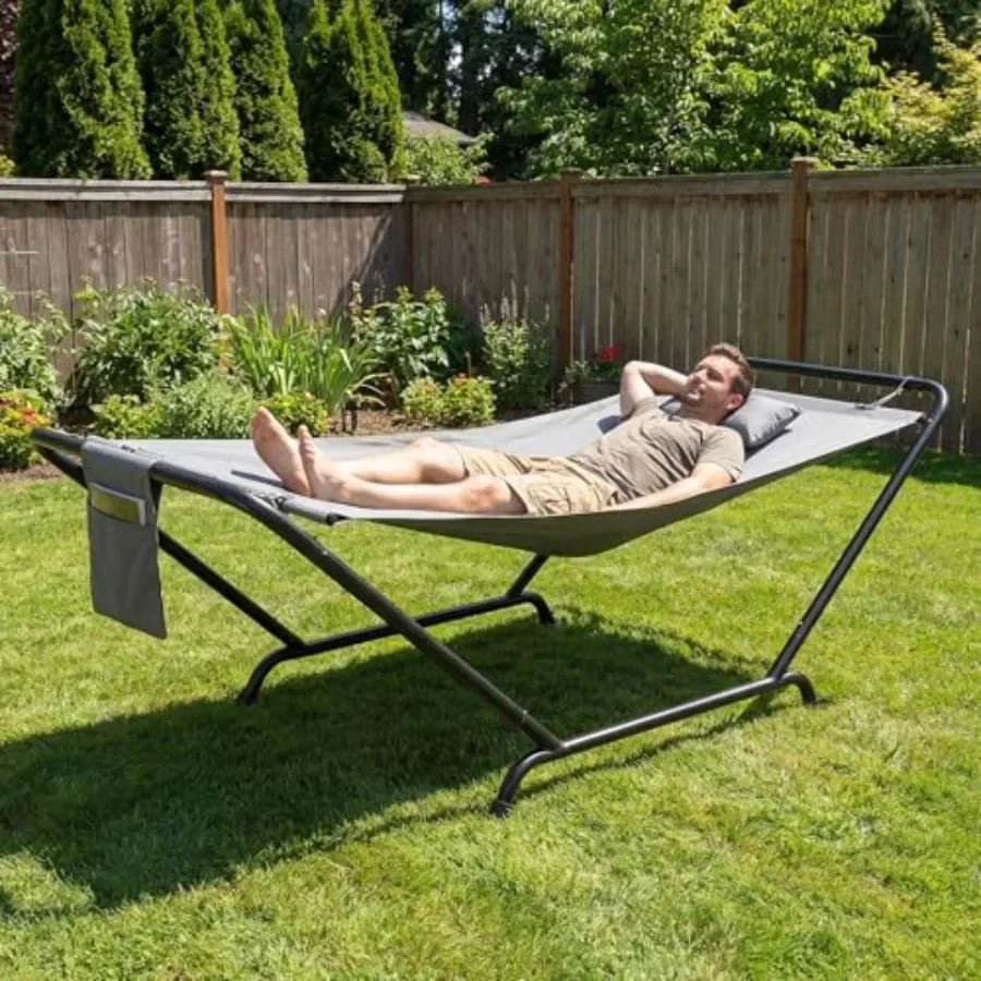 Outdoor hammock with stand for backyard use, 600D double-layer Oxford fabric in grey, heavy-duty powder-coated steel frame, 550