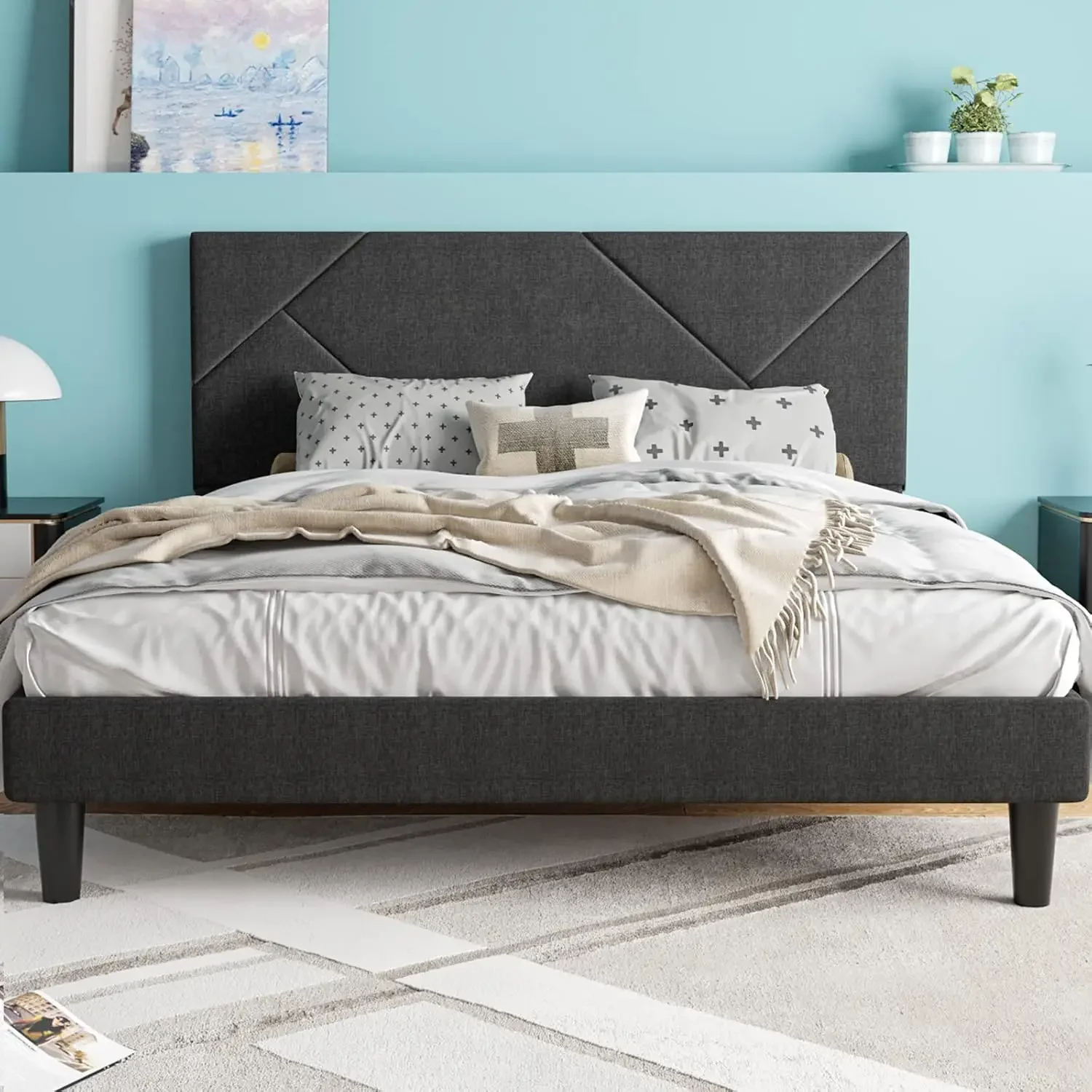 

Bed Frame, Upholstered Platform Bed with Geometric Fabric Headboard, 8'' Under-Bed Storage Space, Wooden Slats Support
