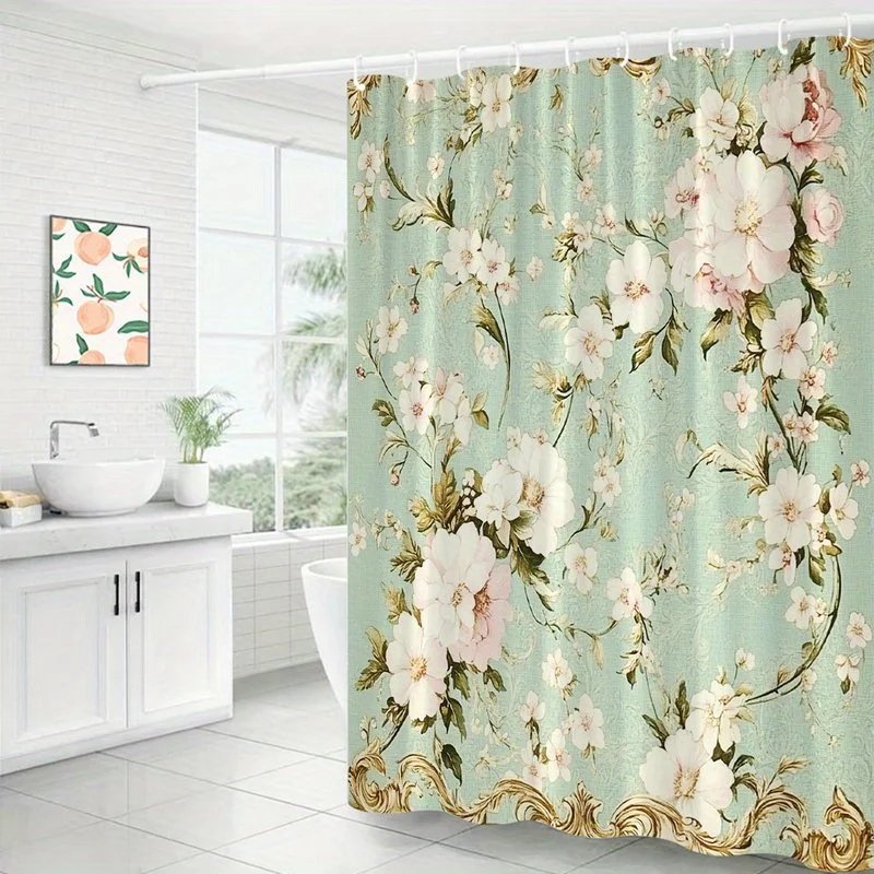 1pc Vintage Floral Shower Curtain with Pastel Flowers, Soft Pink and White Flowers, Green Leaves, Ornate Golden Border, Victoria