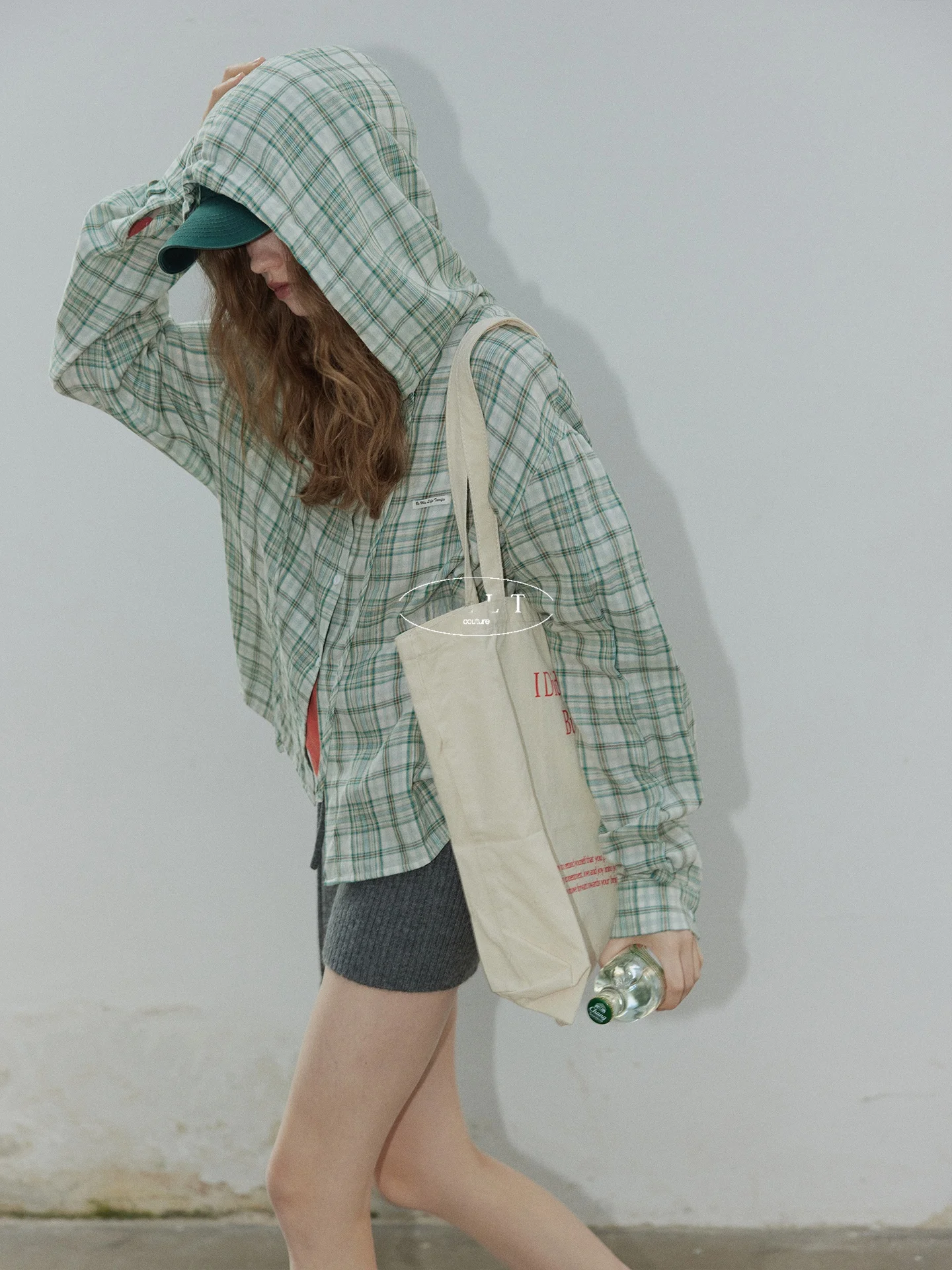 

BMLT Warm Sun Drunken 100 Cotton Long Sleeve Green Plaid Hooded Shirt Loose Design Sensation Sunscreen Spring Summer Women