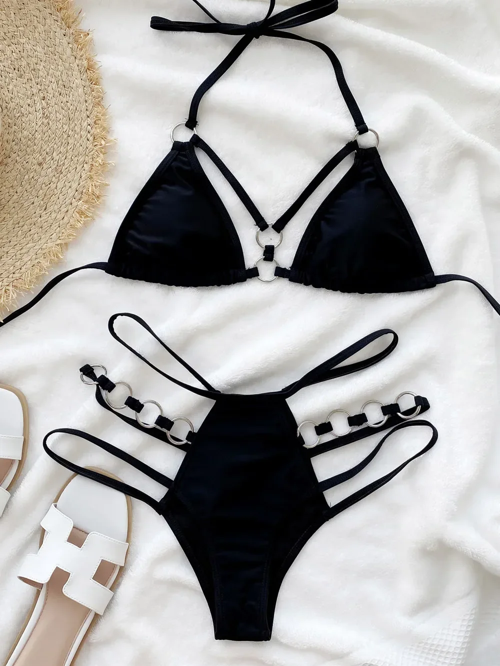 Sexy Triangle Ring Linked Brazilian Bikini Push Up Swimwear Women Bikinis String Bandage Swimsuit Bathing Suit Female Biquini
