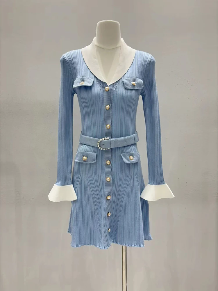 Blue knitted dress, elegant and stylish flared sleeve waist belt fitted short women's dress, New Arrivals for Autumn 2026