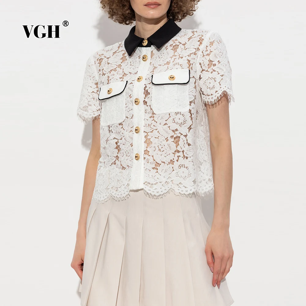 

VGH Elegant Vintage Slimming Hit Color Blouses For Women Lapel Short Sleeve Spliced Button Spring Sweet Shirts Female Fashion