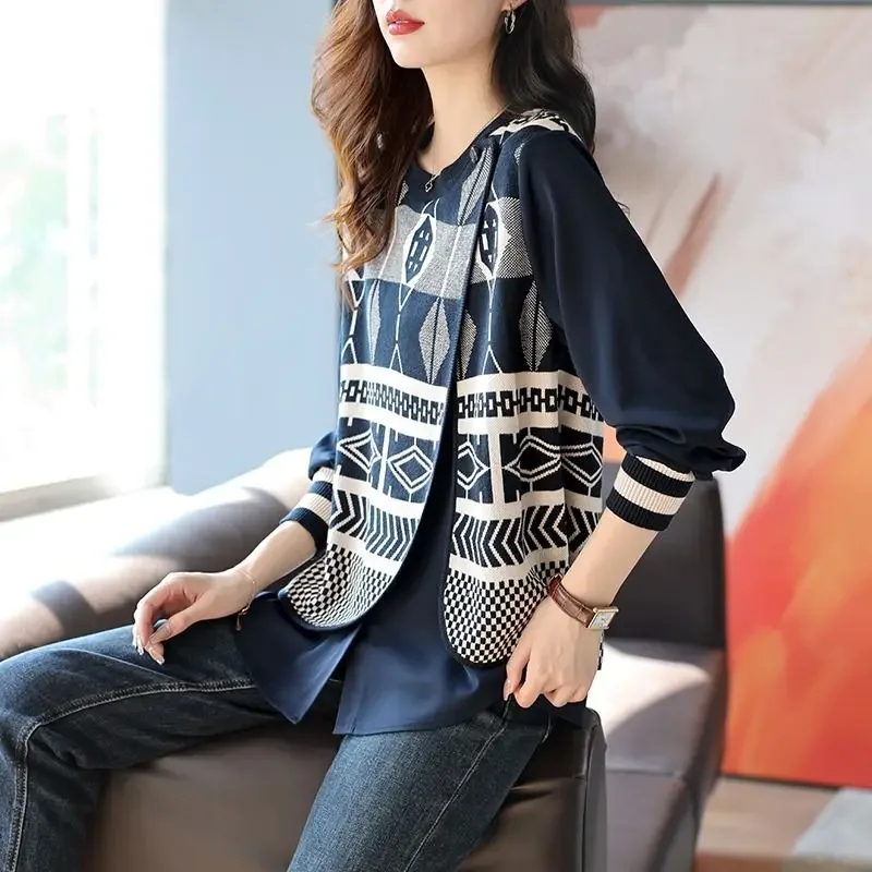 Spring spliced knitted sweater top for women in spring 2024 new jacquard sweater fashionable shirt  blusa inverno feminina