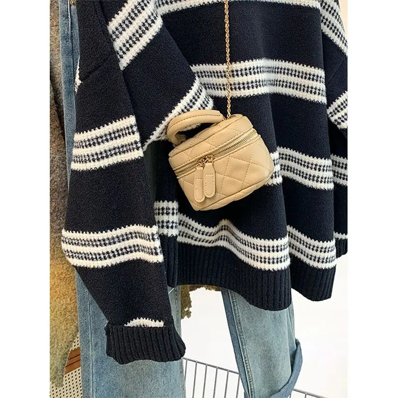 

Полосатый пуловер с круглым вырезом, женский новый ленивый стиль, свободный низ, топ