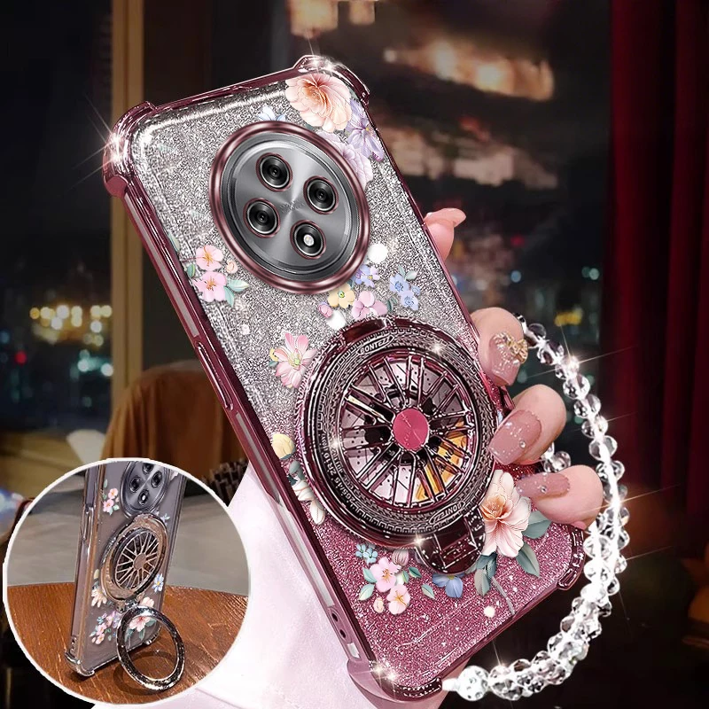 Reno 12F Flower Pattern Circle Plating stand lanyard Phone Case For OPPO Reno 14 14Pro 14F 13F 11 11F 10 12 12Pro 12F 10ProCover