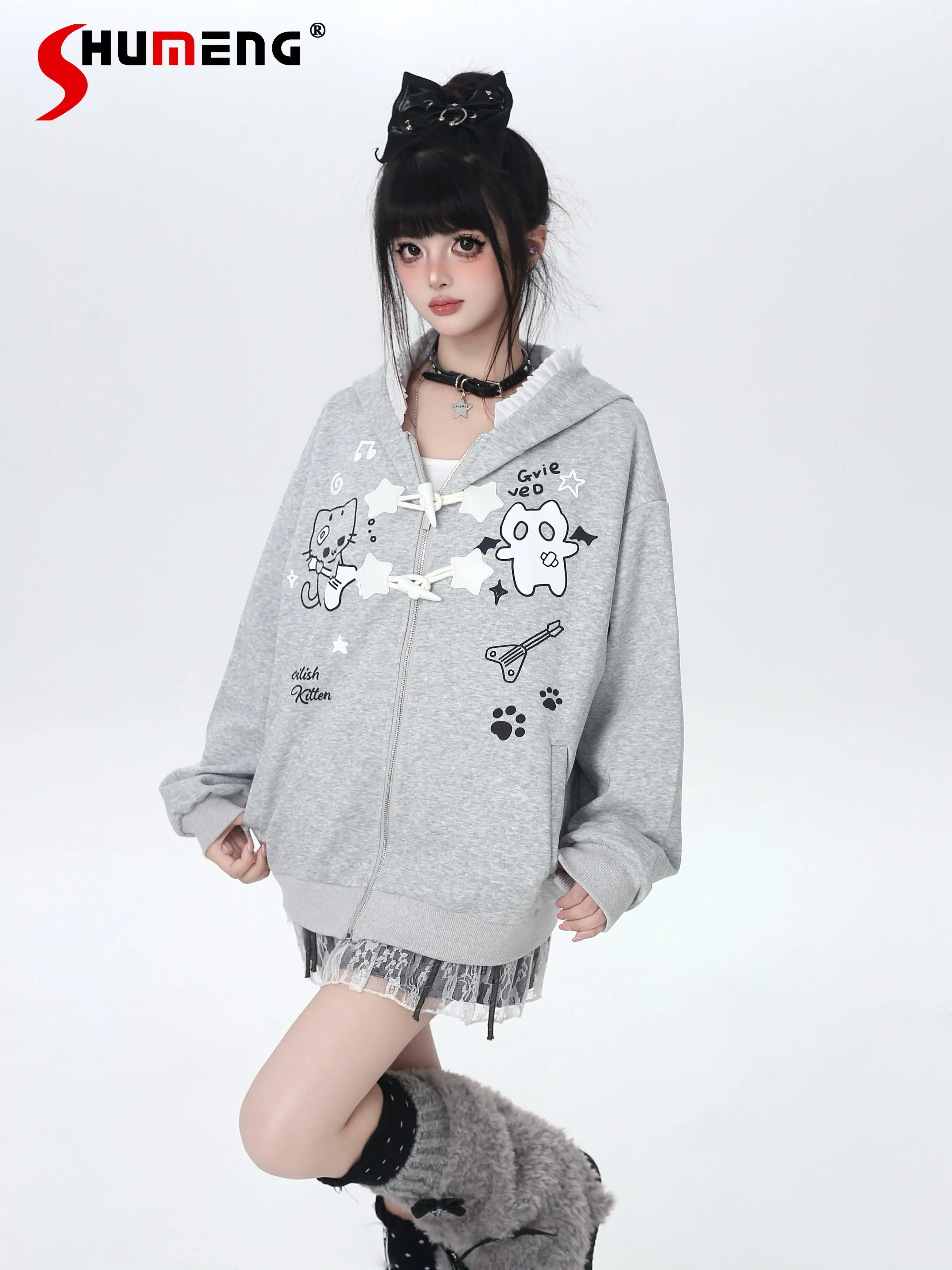 

Original Japanese Subculture Cartoon Printed Horn Buckle Zipper Sweet Versatile Loose Casual Hooded Sweatshirts for Women Spring
