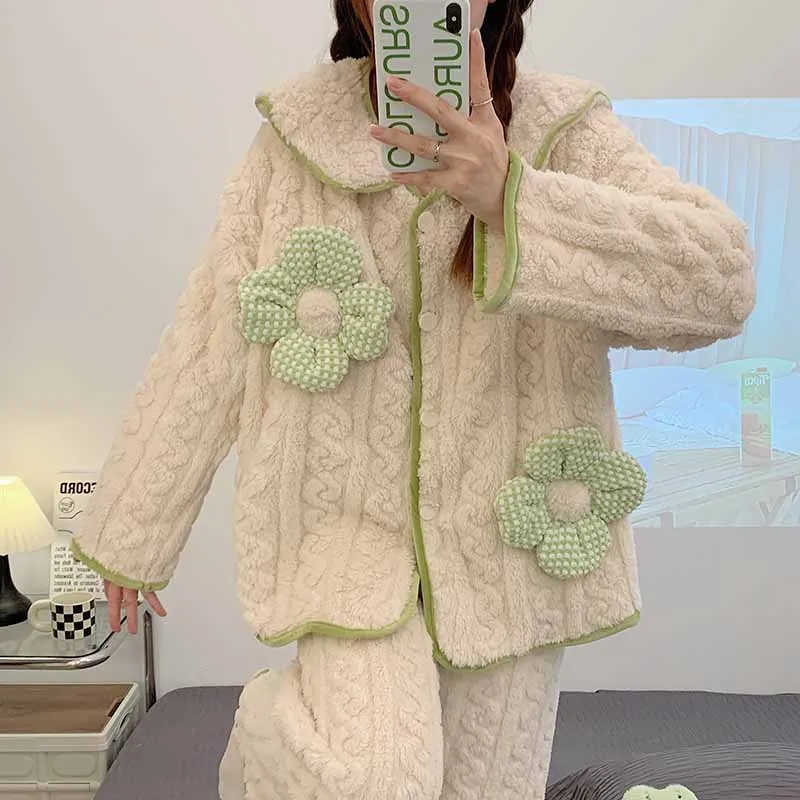 

Winter new long-haired shearling pajamas women's cardigan lapel thickened sweet and cute warm homewear suit 280g coral fleece