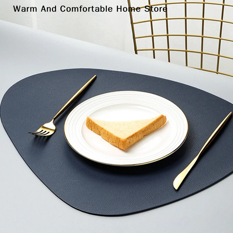 Double Sided Anti Slip PU Insulation Pad Table Mat, Nordic Style Imitation Cowhide Pattern Water Droplet Shaped Leather Placemat