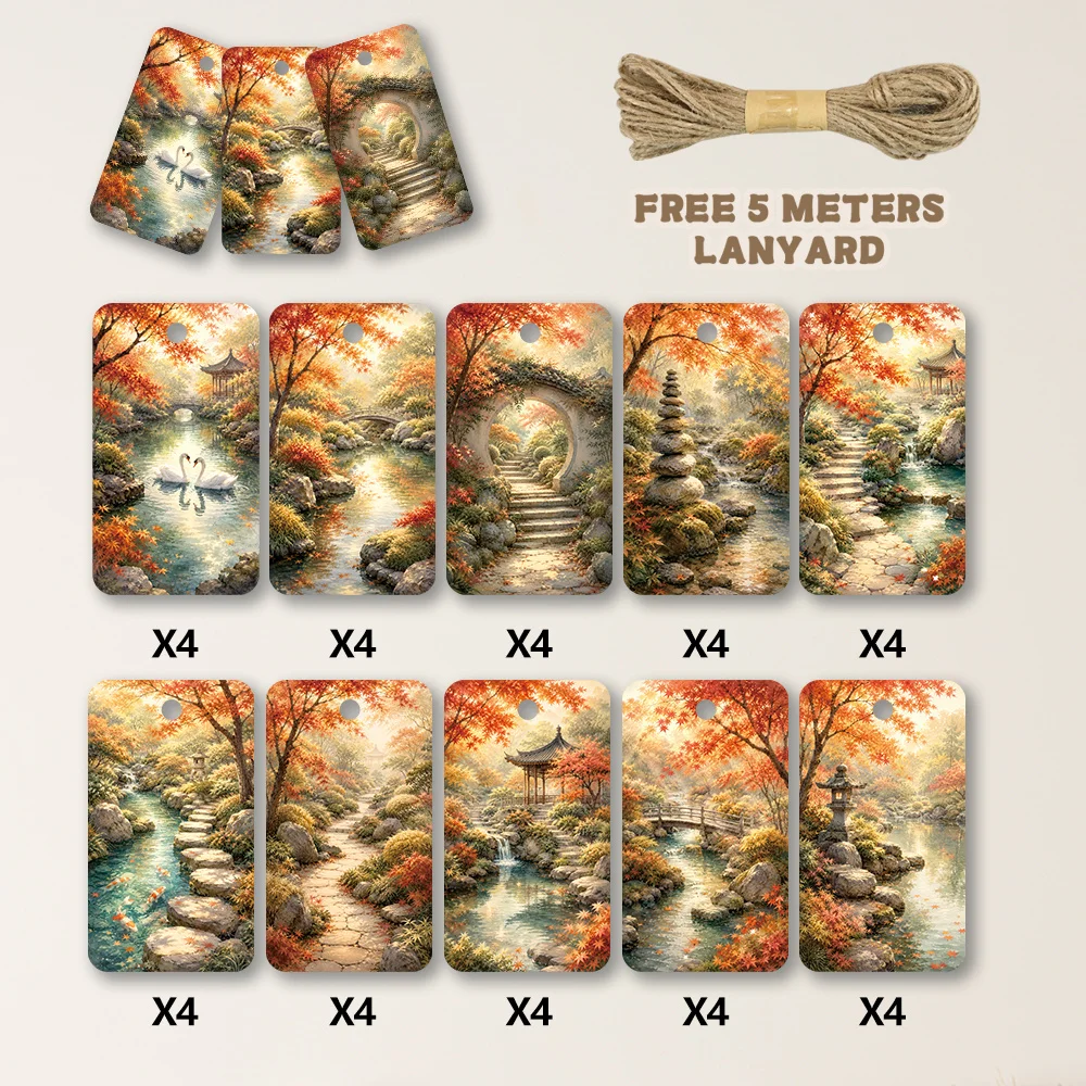 40pcs, Gift Tags, Chinese Autumn Garden Scene, Hanging Paper Labels for Gift Wrapping, Holiday Party Decor with String
