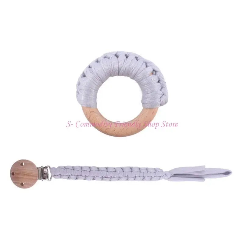 85AE 2 Pcs Baby Braided Pacifier Chain Clip Wooden Ring Teether Set Infant Nipple Dummy Holder Soother Molar Teething Gifts