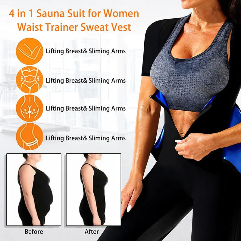بدلة ساونا للنساء ، فقدان الوزن ، مدرب عرق الخصر ، تنحيف ، مشد لكامل الجسم ، بذلة ساونا ، سترة تمرين مع شورت ، 4 في 1