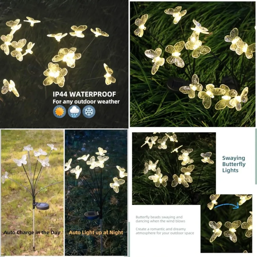 Solar Garden Lights Outdoor Waterproof 4 Pack 32 LED Decorative White Swaying Butterfly Lights Garden Decor Stakes for Outside