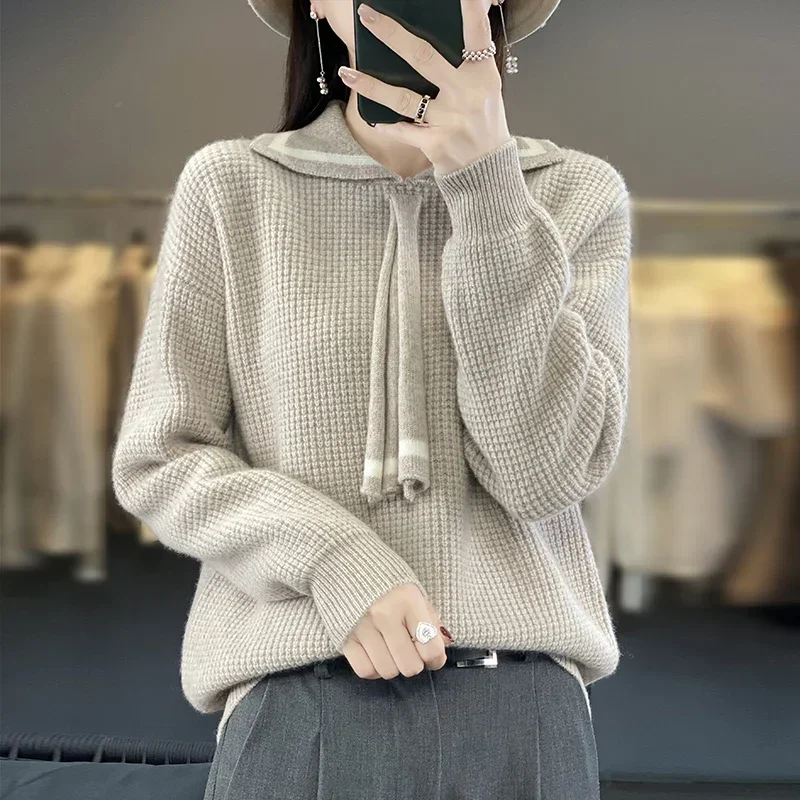 Tailor Sheep 100% Wool Cashmere Sweater for Women's Solid Color Knitted Loose Sleeved Wool Lapel Pullover in Autumn Winter