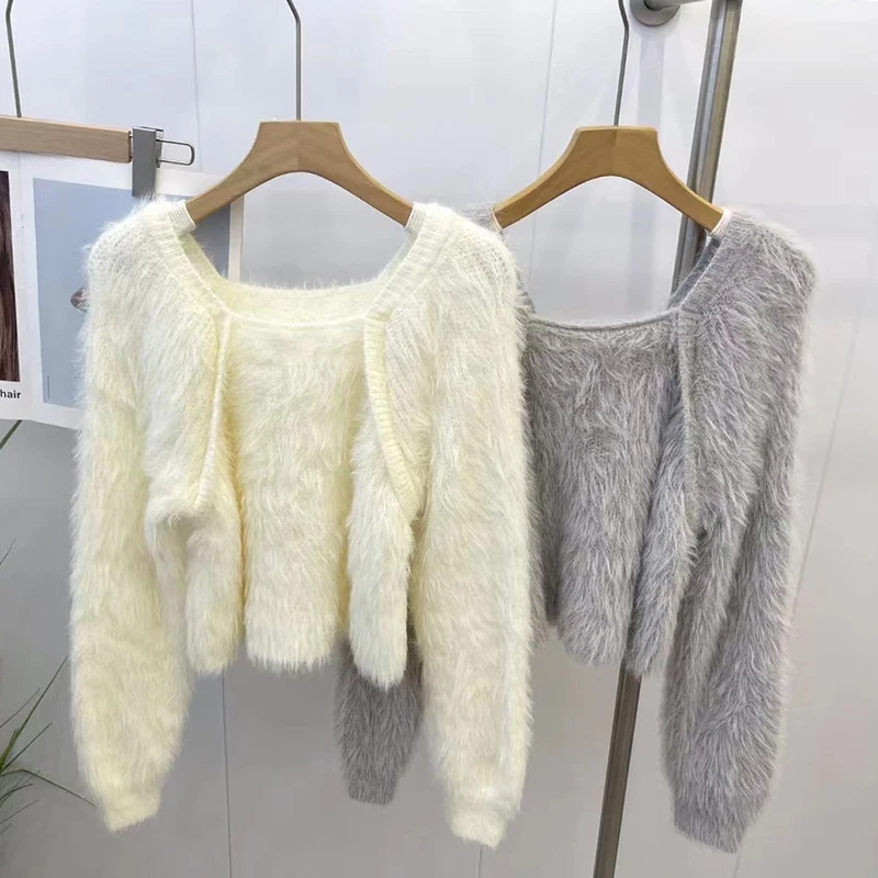 

Chic Autumn Winter Loose Long Sve Knitted Sweater Women's Faion Square Collar Furry Feel Versatile Casual Sle Korean T...