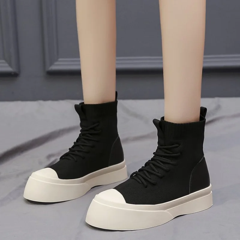 High-top Cloth Shoes Spring and Autumn Leisure Thick Bottom Ins Tide Breathable Socks Short Boots Women\'s Shoes Single Boots