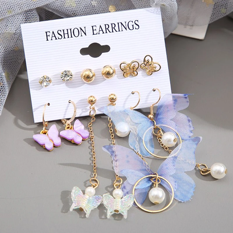 6 Pairs Korean Charm Butterfly Stud Earrings Set For Women Girls Fashion Metal Long Tassel Chain Pierced Earrings Jewelry