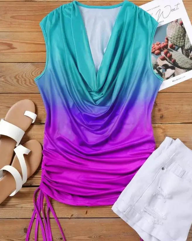 New Fashion 2023 Casual Summer Sleeveless Ombre Drawstring Cowl Neck Tank Top Female T-Shirts Pullover Tops