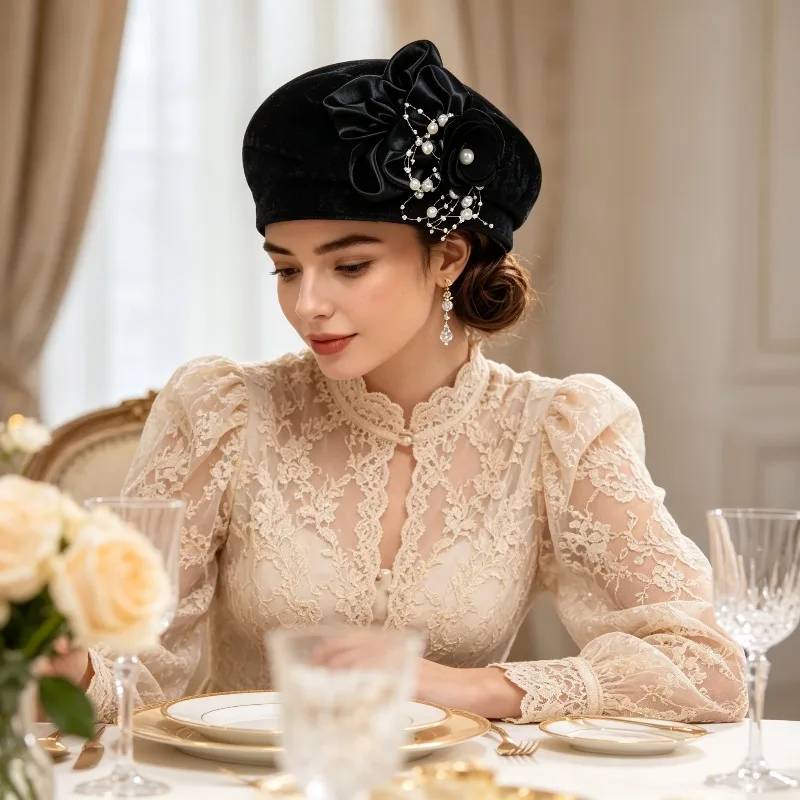 Women's Fashionable Solid Color Decal Beret Decoration Headwear Suitable for Coffee Shop Street Photography and Casual Parties