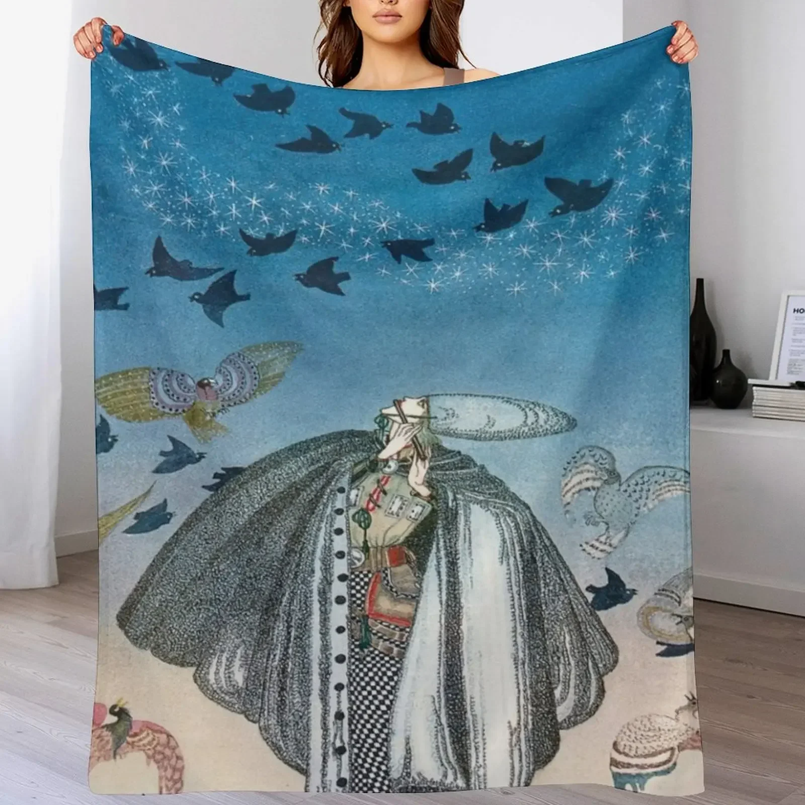 Kay Nielsen art Illustration of Nordic Soldier playing the flute summoning birds Throw Blanket Luxury Thicken wednesday Blankets