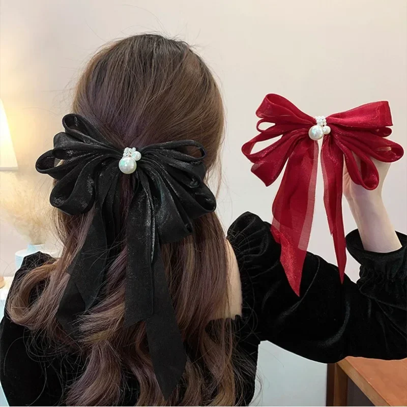 Fermaglio per capelli con fiocco di perle da donna grande bowknot macchia forcina mollette per ragazze tinta unita coda di cavallo clip accessori