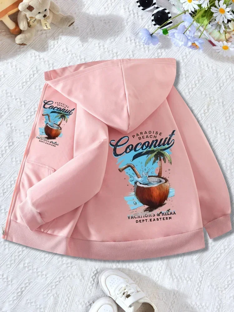 Casual Zip Hooded Coat For Kids Summer Beach Coconut Drink Palm Tree Graphic Long Sleeve Pocket Hooded Outer Jacket